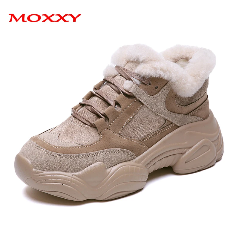 New Thick Sole Women's Winter Sneakers With Fur Sneakers Warm Plush Chunky Sneakers Platform Ladies Snow Boots Shoes Woman - Цвет: Apricot