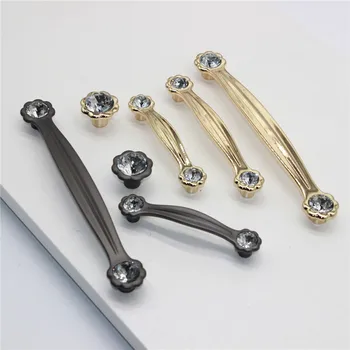 KKFING European Diamond Crystal Handle Bright Gold Flower Type Zinc Alloy Kitchen Cabinet Handles Cupboard Door Pulls Hardware