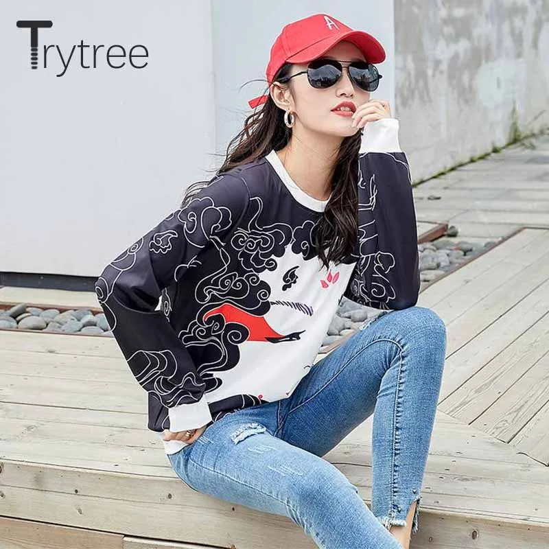 Trytree/осенне-зимняя женская толстовка; повседневные пуловеры с круглым вырезом и принтом персонажа Пекинской оперы; модный Свободный черный топ в уличном стиле