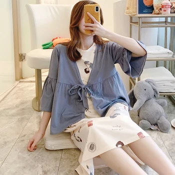 

2PCS/Set Cartoon Printed Thin Cotton Maternity Nursing Sleep Dress Breastfeeding Sleepwear Summer Lacation Feeding Night Wear