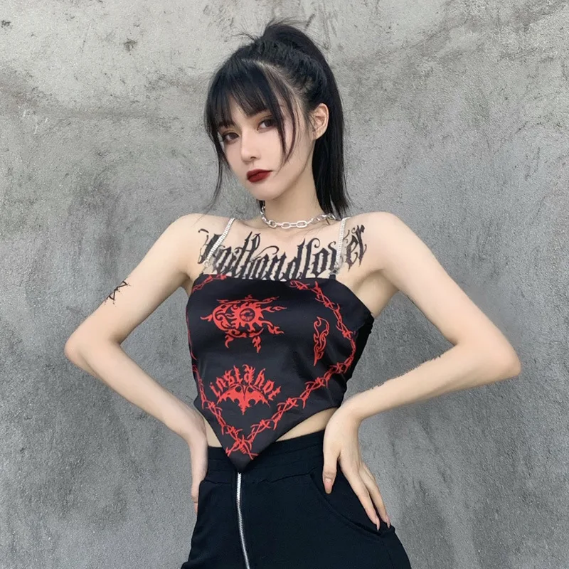 Goth Woman Sexy Chinese Style Camis 2021 Lady Big Backless Cool Print Short Length Bellyband Punk Gothic Chain Strap Hipster Top
