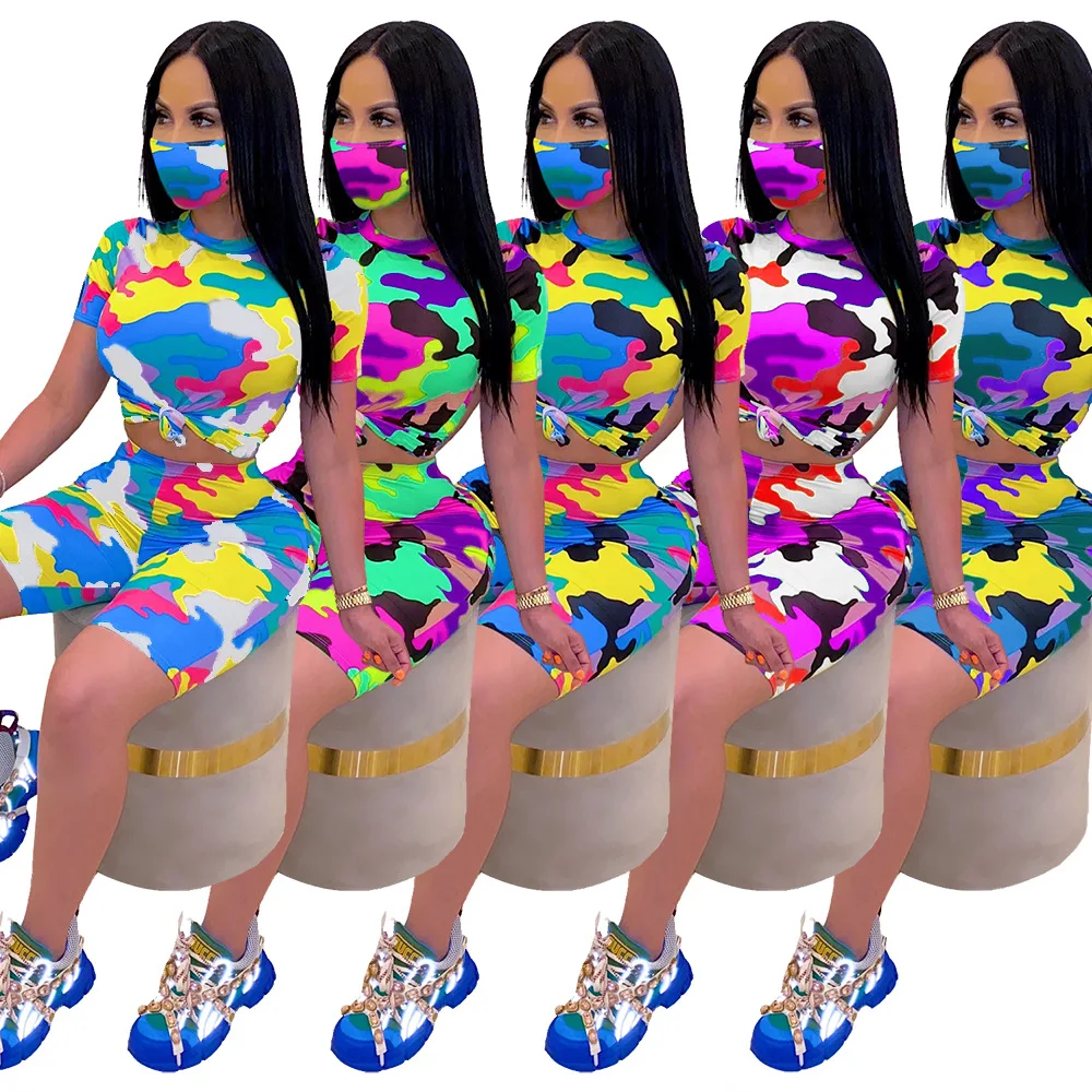 

JRRY Camouflage Women Tracksuit Two Pieces Set Mask Short Sleeve Top Short Pants 2 Pieces Set Mask Outfits Skinny Outdoor Wear