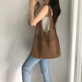 

High Capacity Food Storage Shopping Bag Women Knitting Shouler Bags Hollow-Out Storage Bags Foldable Casual Shopping bag