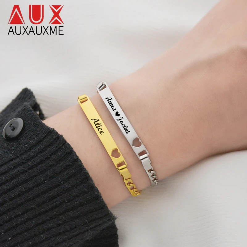 

Auxauxme Custom Name Bar Heart Bracelets Gold Color Stainless Steel Engraved Date Names Women Jewelry for Lovers Best Friend