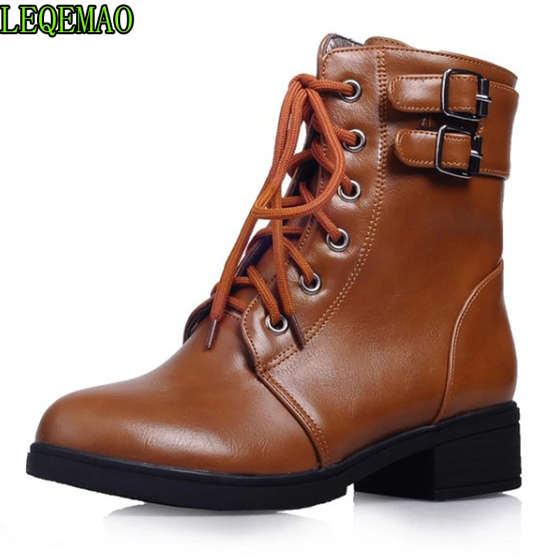 

2020 new ankle boots for women round toe lace up ladies low heels boots simple autumn winter boots plus size 34-43