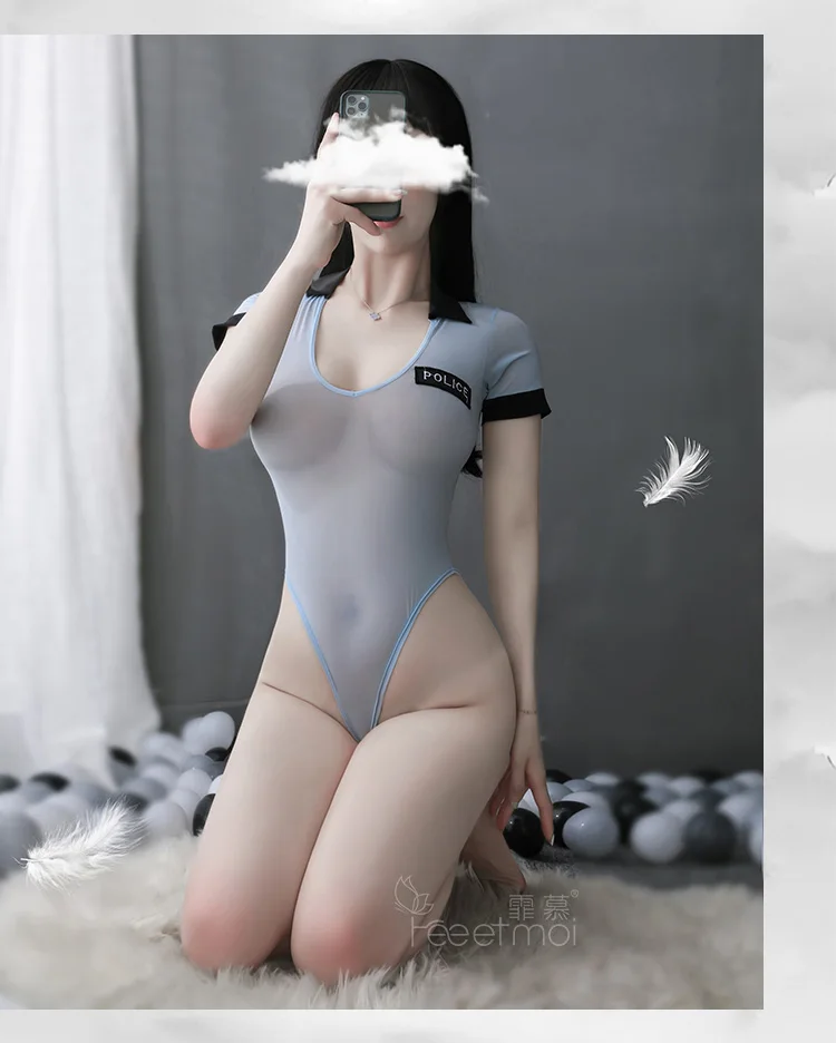 Deep V See Through Bodysuit Halloween Porn Party Cosplay Police Playsuits Sexy Cop Adult sexual Fantasy Role Play Police Costume blue bodysuit