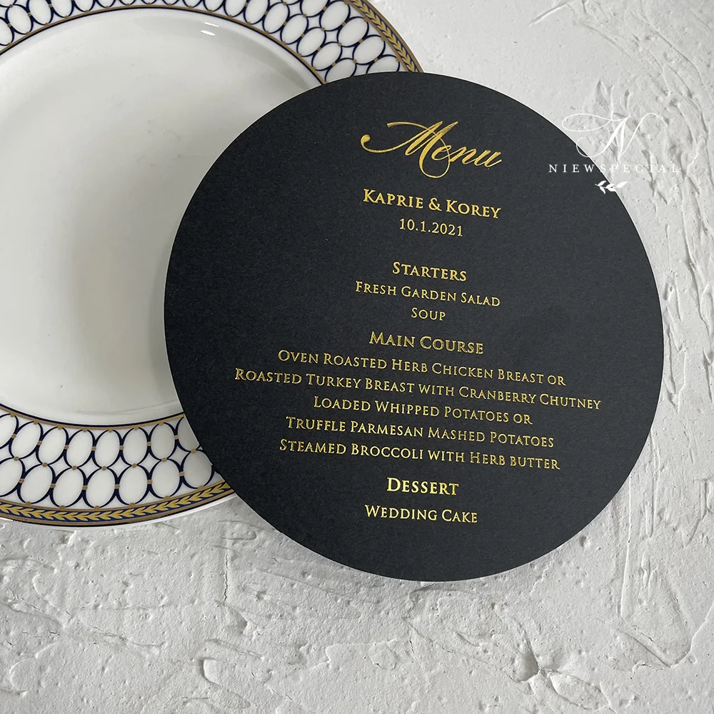 Set of 50 Black and Gold Round Menu Cards for Charger Plates, Wedding