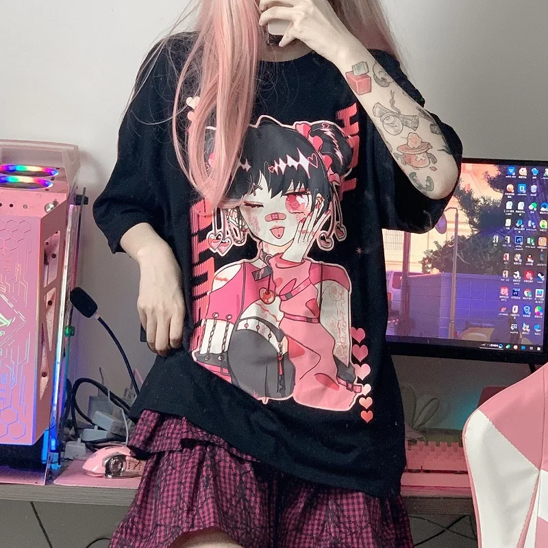 Desenho animado japonês anime fofo amor meninas impressão manga comprida  camiseta feminina outono falsa 2 peças retalhos pulôveres top - AliExpress