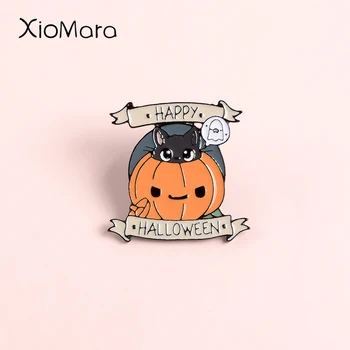 

Happy Halloween Enamel Pin Pumpkin Elf Ghost Black Cat Witches Jewelry Magic Hat Wizard Brooches Badges Lapel pins