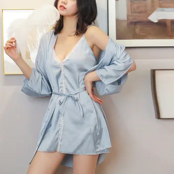 

Sexy Lingerie Set Women's Nightgown Bathrobe Sling Faux Silk Sleepwear Night Dress Robe With Belt V-Neck Lace Sexy Party Nightie