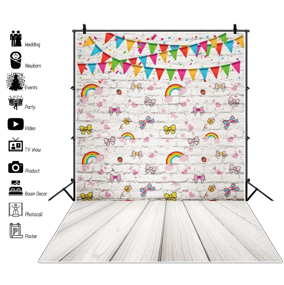 Laeacco Grijze Bakstenen Muur Houten Vloer Baby Tekening Regenboog Verjaardagsfeestje Kind Fotografie Achtergrond Foto Achtergrond Photocall Achtergrond Aliexpress