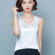 Korean Fashion Silk Women Tops Woman V-neck Satin Top Vest Woman Sleeveless Tank Top Plus Size Elegant Office Lady White Tops