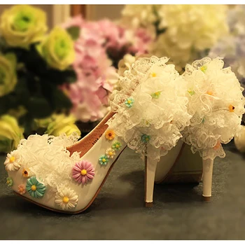 

Women Wedding Shoes White Lace Flowers Appliques Pumps Leather Bridal Party Round Toe Super High Heel Princess Slip On Shoes