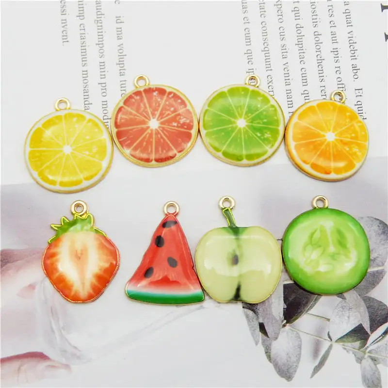 

Julie Wang 8PCS Fruit Charms Mixed Alloy Epoxy Orange Strawberry Apple Watermelon Pendant Jewelry Making Accessory