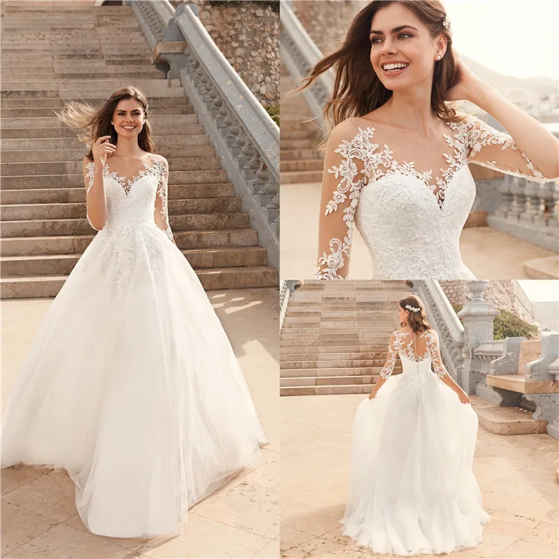Длинные рукава Vestido De Noiva Свадебные платья Иллюзия декольте белый цвет слоновой кости свадебные платья Длина пола Тюль платья
