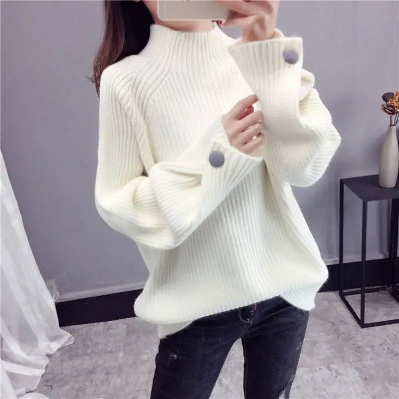 beige white Милый женский свитер, Осенний мягкий свободный свитер с высоким воротом, пуловер, женская зимняя одежда, женские вязаные свитера, джемпер C5719 - Цвет: beige white