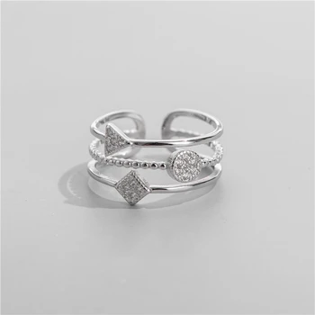 

SODROV S925 sterling silver geometric three-layer ring female diamond triangle square round ring Size adjustable
