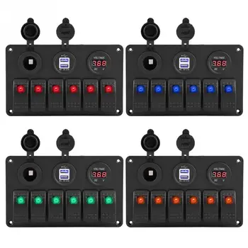 

12V 24V 6 Gang Car Boat Marine LED Rocker Switch Panel Dual USB Voltmeter Cigarette Lighter Auto Replacement Parts New