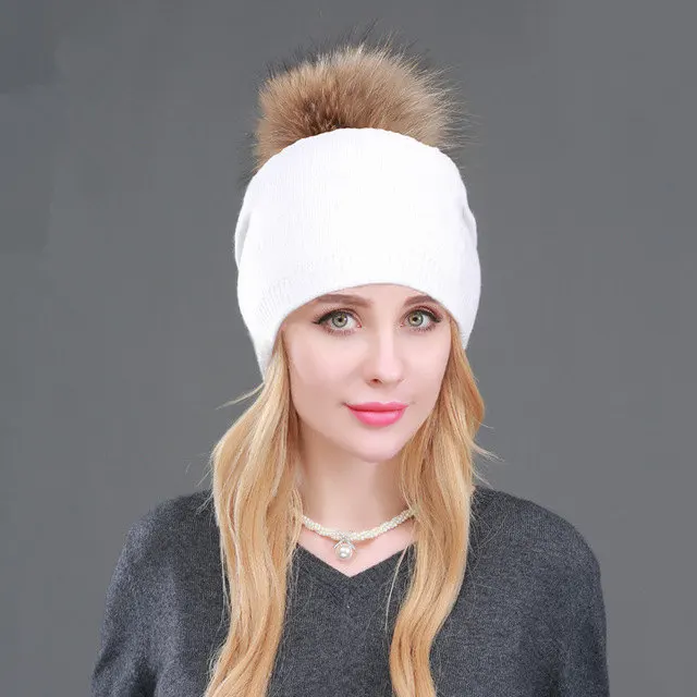 High Quality Women Dual layer Wool Knitted hats with big Real Fur Pompoms Warm Slouchy beanies hat ladies Fashion Skullies - Цвет: white