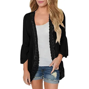 

plus size Summer Womens Tops And Blouses Casual Solid Lace Long Sleeve Chiffon Cardigan Loose Kimono Blouse Tops Women Clothes