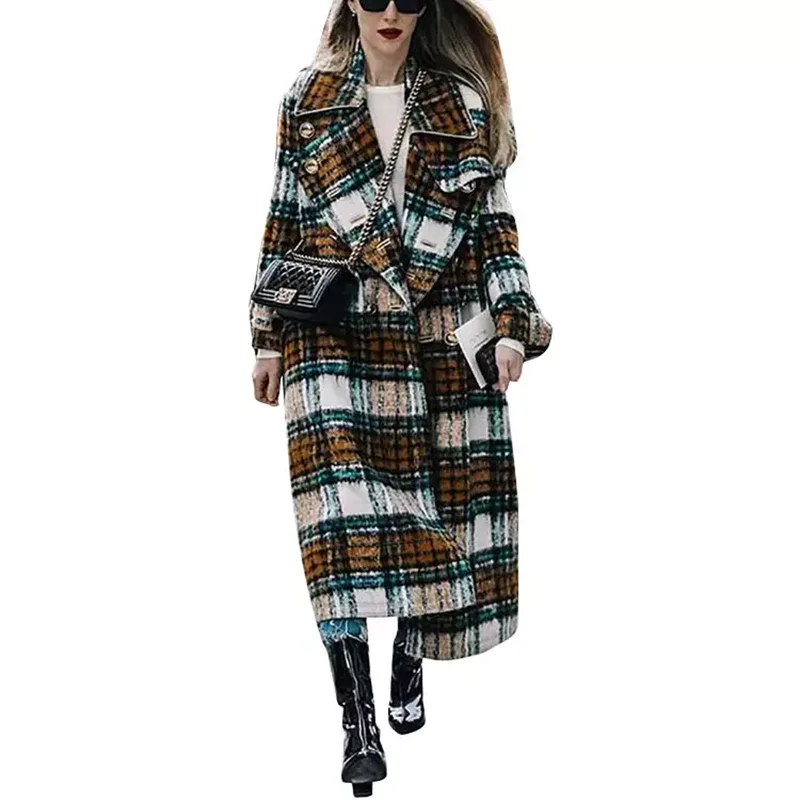 Women's Wool Plaid Coat Women Winter Jacket Plus Size Long Cardigan Casual Loose Check Jacket Retro Elegant Female Coats