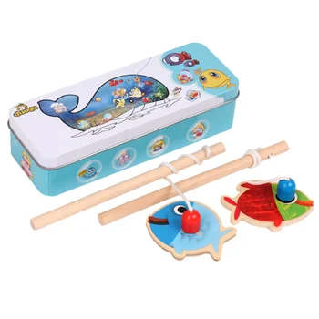 

1 Box Magnetic Wooden Fishing Game Toy with Iron Box Wooden Blocks Toy Early Educational Toy Assorted Color (2Pcs Fishing Rods 1