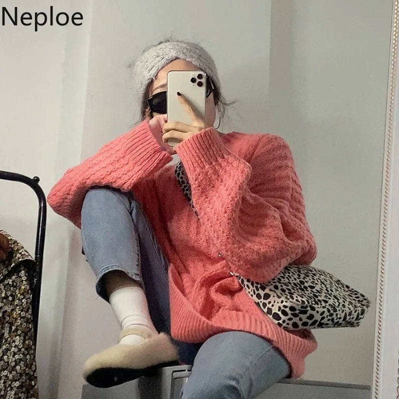 Neploe, свободный, Сумасшедший стиль, пуловер, вязаный, джемпер, свитер для женщин, с круглым вырезом, с длинным рукавом, Одноцветный, пышный, Femme, осенняя, зимняя одежда, толстая