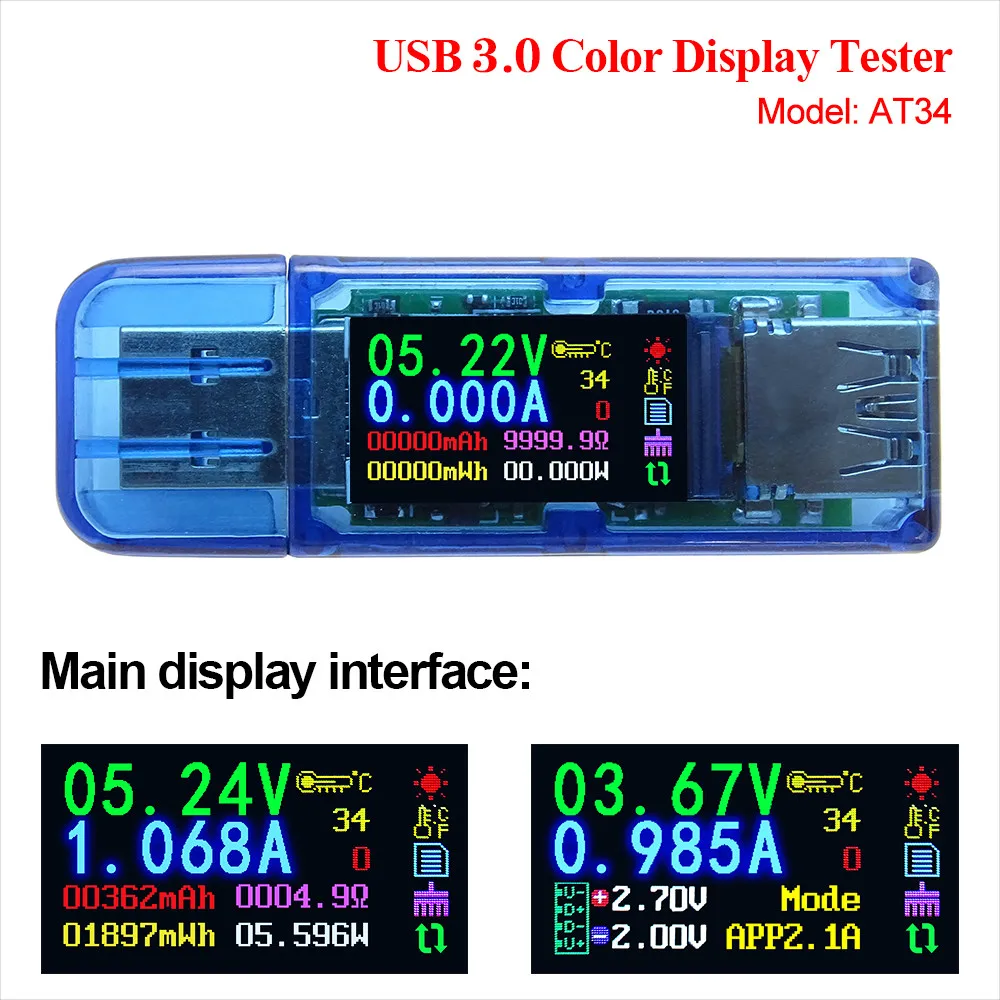 AT34 USB 3,0 цветной ЖК-Вольтметр Амперметр измеритель напряжения тока мультиметр Зарядка батареи банк питания USB Тестер