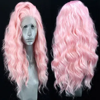 

Bombshell Synthetic Hair 13*3 Lace Front Wig Baby Pink Loose Water Wave Heat Resistant Fiber Hair Side Parting For Women Wigs