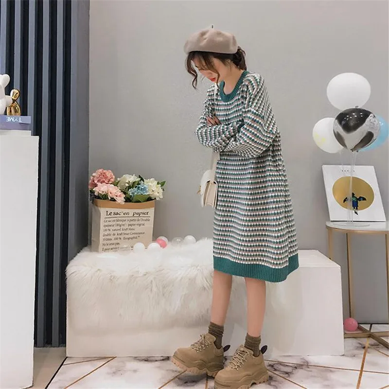 autumn and winter long sweater women's head over the knee loose Korean retro style new knit dress bottoming shirt