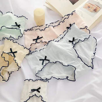 

SP&CITY Simple Colored Bow Cotton Underwear Women Mid Waist Ruffle Cute Panties Student Girl Soft Seamless Briefs Lingerie