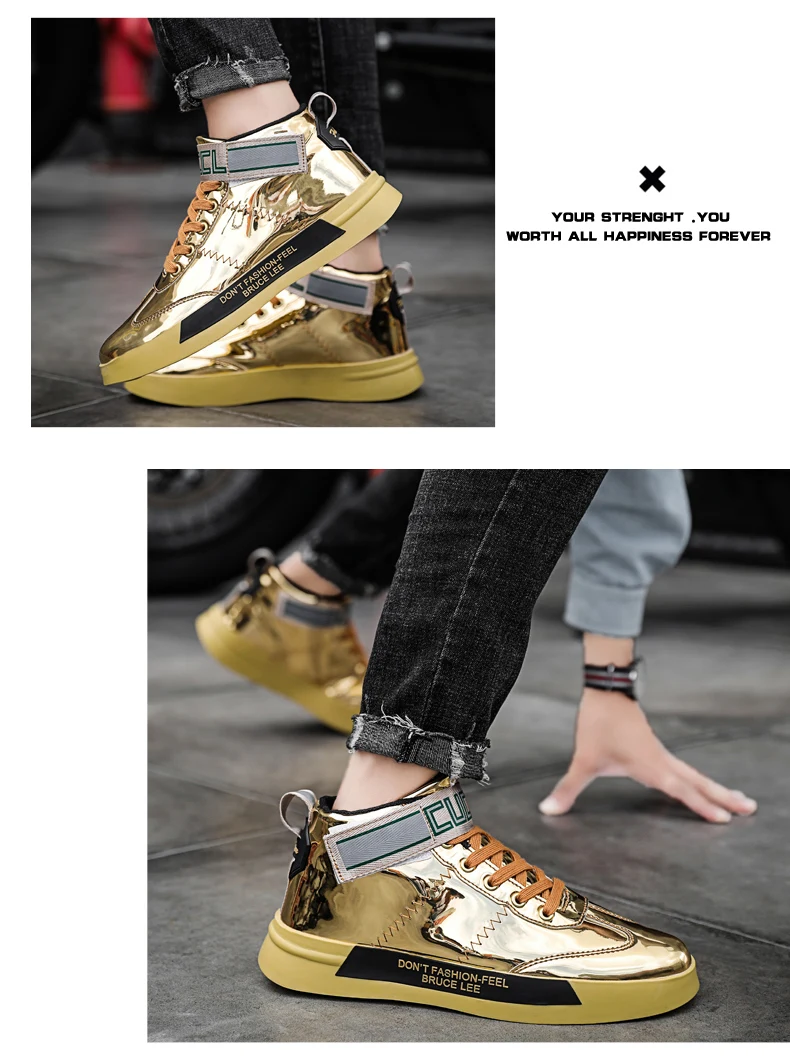 New Shiny Gold Men Glitter Shoes High Top Fashion Men Designer Trainers Non-Slip Mirros Men's Leather Unisex Zapatilla De Hombre