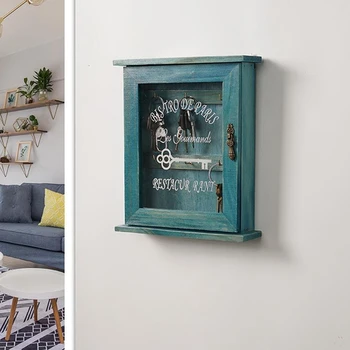

Vintage European Style Wooden Key Storage Cabinet Key Holder Box with Hanging Hooks Blue