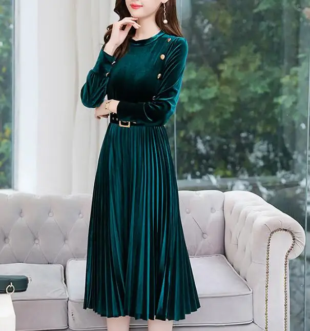 Spring New Arrival Hot Sale Fashion Stand Collar Long Sleeve Velvet Woman Pleated Long Dress