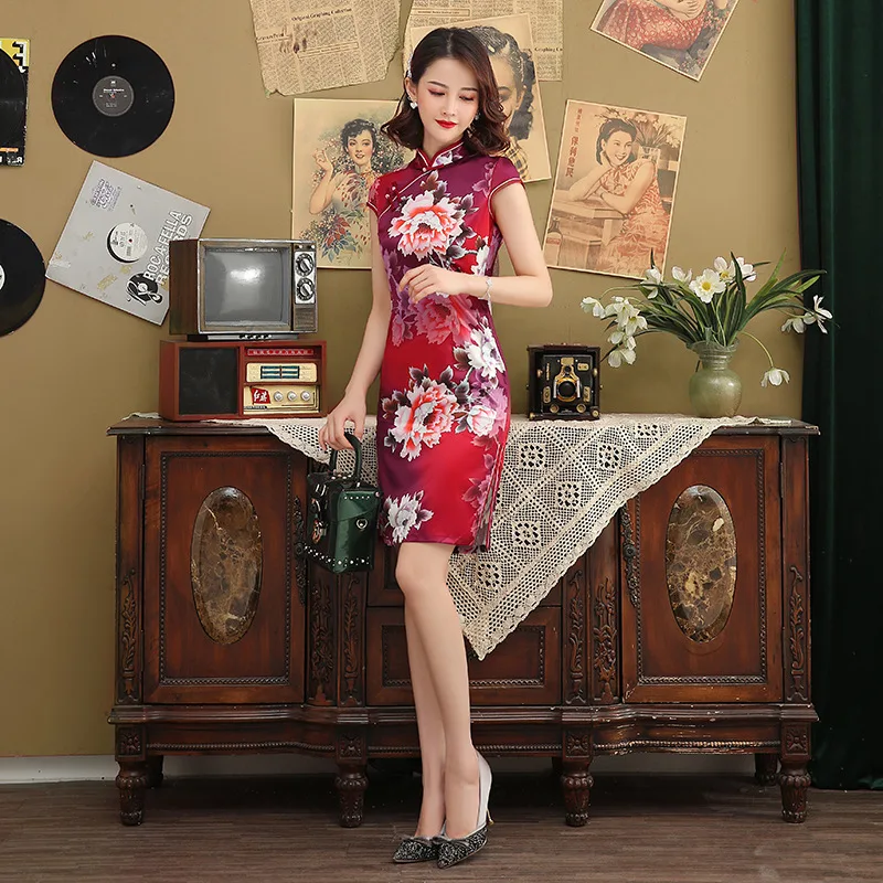 Sheng Coco Женская одежда из вискозы Cheongsam платья винно-красные короткие Qipao Винтаж Cheongsam Vestidos элегантный тонкий размера плюс принт Chipao