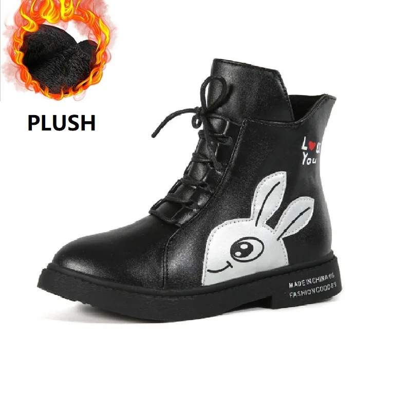 plush black Зимние ботинки для девочек; Новинка года; Весенняя модная обувь в британском стиле для девочек; детские кожаные теплые плюшевые ботинки с милым рисунком; большой детский ботинок - Цвет: plush black