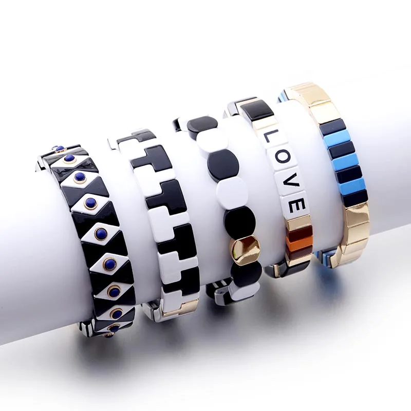 

Hot Enamel Tile Bracelets Bohemian Women Cuff Bangle 2019 Rainbow Jewelry Handmade Elastic Pulseras Mujer