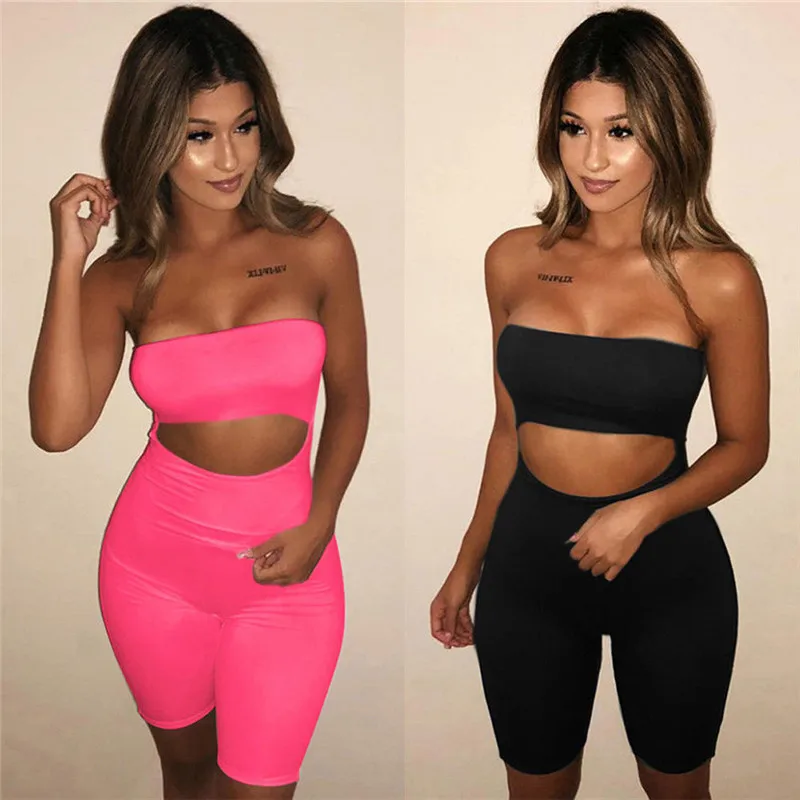 

Women Yoga Jumpsuits Sleeveless Off Shoulder Strapless Bodycon Romper Clubwear Holes Cut Out Fitness Sports Bodysuit Short Pants