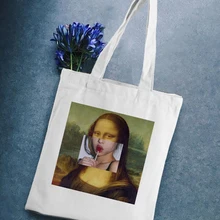 Винтажная Мона Лиза Забавный принт Новая модная большая художественная вместительная летняя сумка на плечо холщовая женская сумка для покупок Женская эко-сумка-тоут