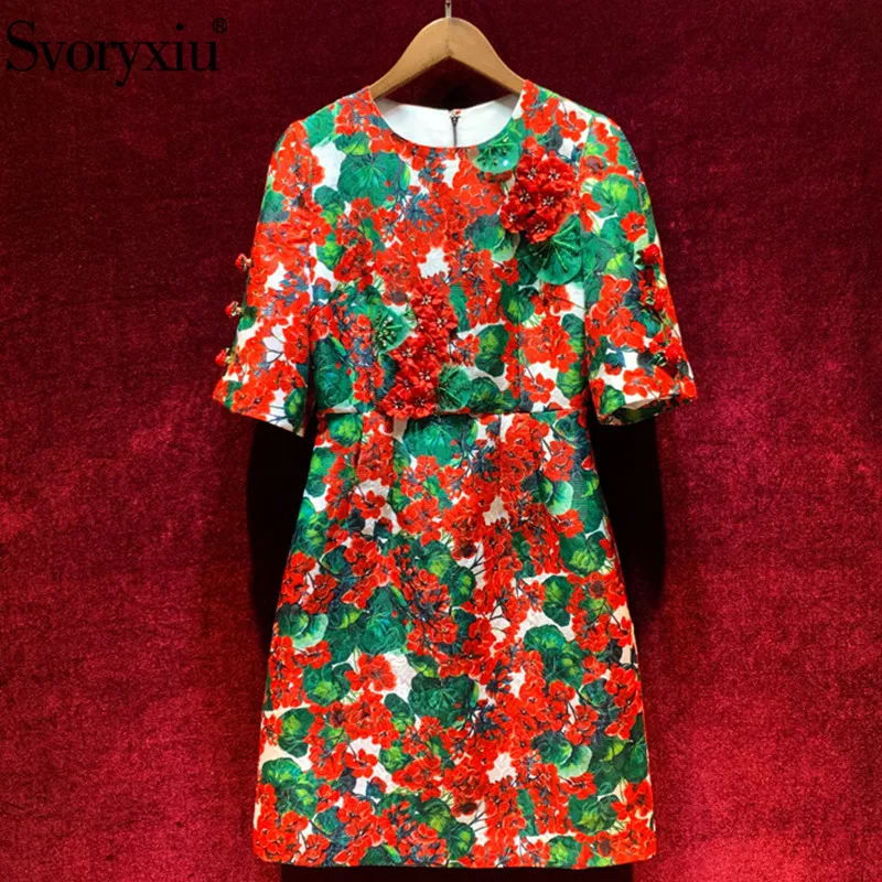 

Svoryxiu 2019 New Runway Autumn Vintage Dress Women's Rose Button Half Sleeve Beading Applique Printed Party Elegant Dresses