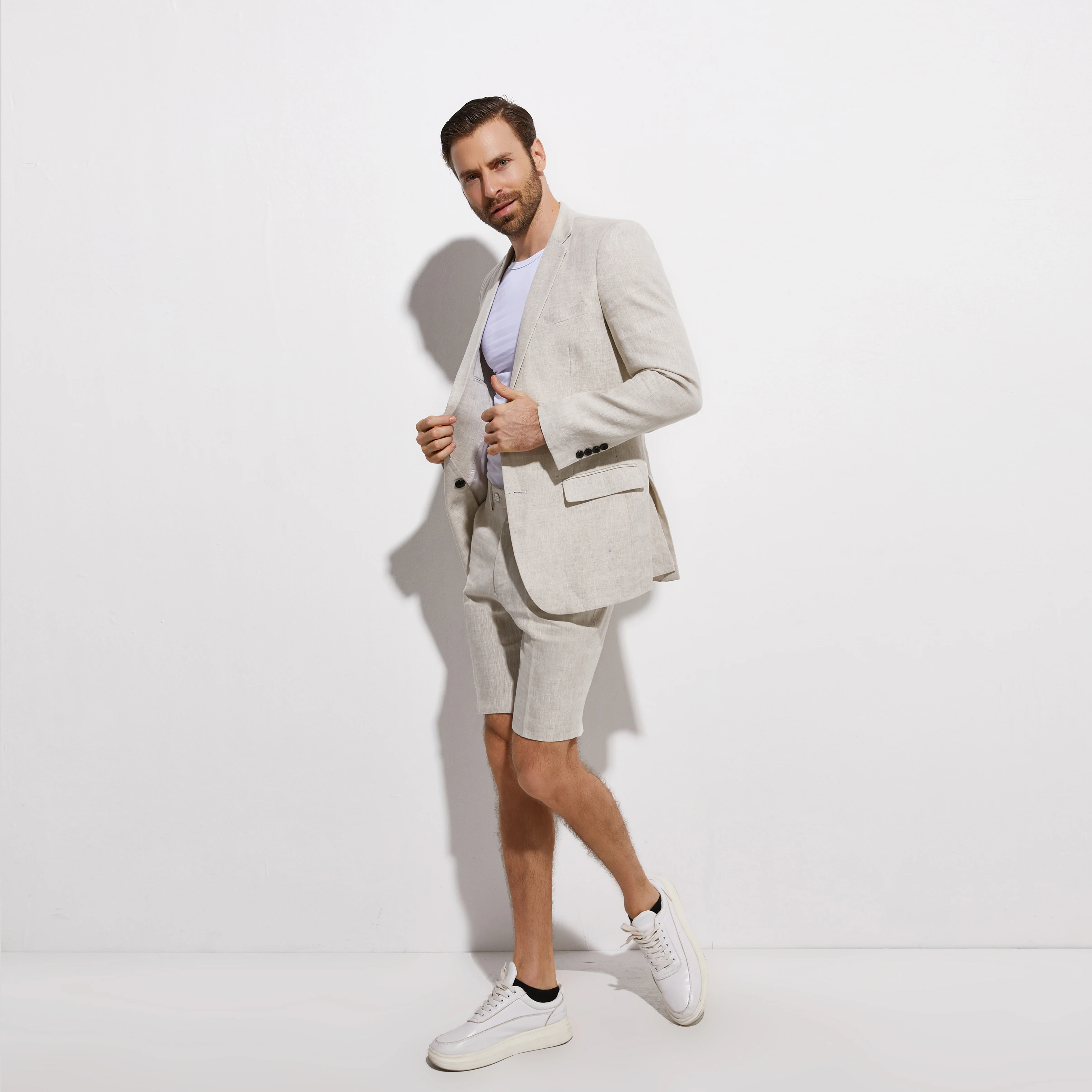 Tailored Sand Grey Linen Suit for Men | Beach Wedding Groom Attire | Summer Breathable 2-Piece Set with Shorts Slim Custom Fit
