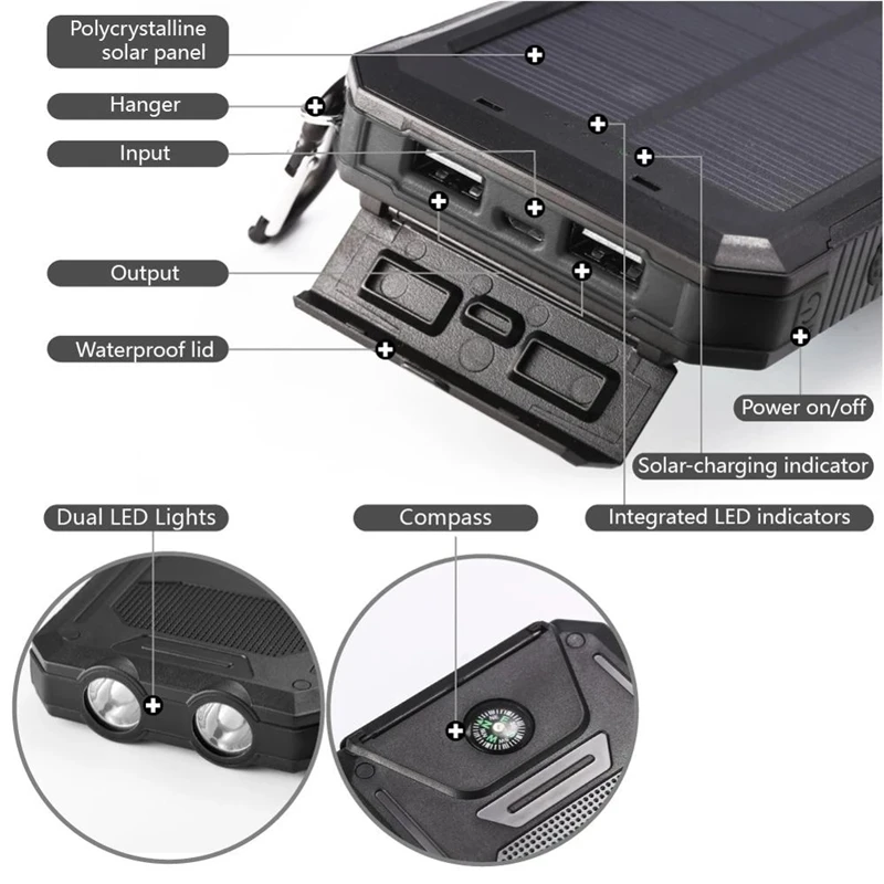 anker powercore 20000 Solar Power Bank 20000mAh Waterproof Portable Solar Charger Powerbank External Battery Pack Power Bank with LED Camping Light power bank 30000mah