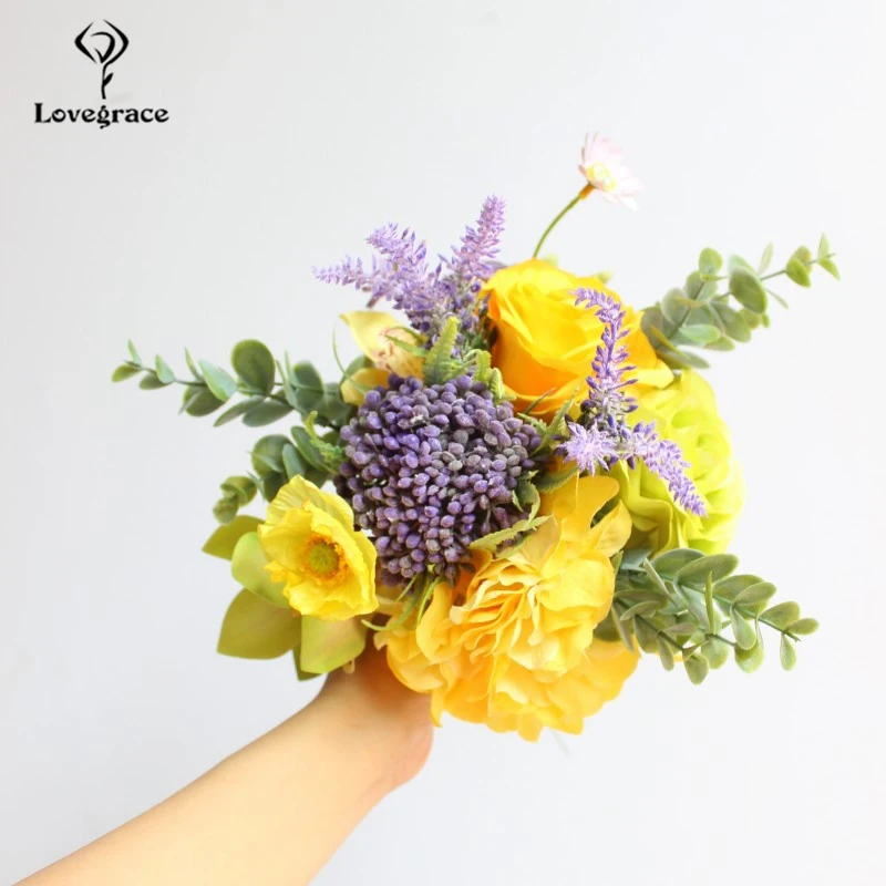 Lovegrace Свадебный букет Искусственный букет невесты Шелковая Роза цветок пион Орхидея Гортензия Лаванда Маргаритка желтая Свадебная поставка