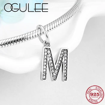 

Authentic 925 Sterling Silver Lucky Letter M Charms Pendants Jewelry making Clear CZ Bead fit Original Pandora Charms Bracelet