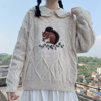 

Harajuku Cute Women Warm Oversized Sweater Korean Soft Girl Vintage Loose Female Pullover Kawaii Embroidery Wool Knitted Jumper