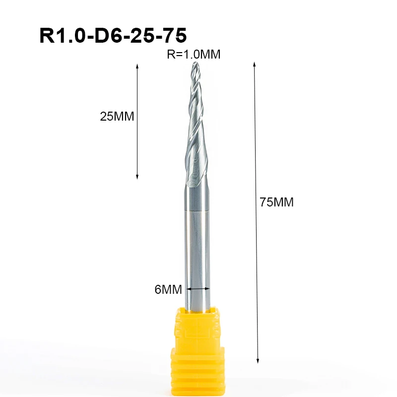 

1pc HRC55 D6mmxR1.0x25x75mm Tapered Ball Nose End Mill Tungsten solid carbide Coated Tapered cone cnc woodworking milling cutter