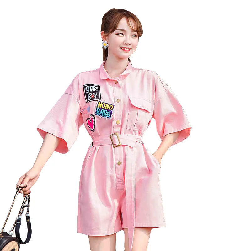 

2019 Pink Jeans Shorts Women Jumpsuit High Waist Shorts Summer New Fashion Applique Letter was thin Ladies Jumpsuit Feminino