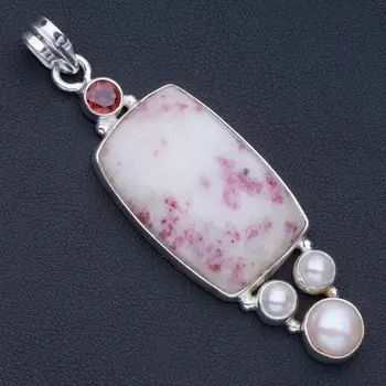 

Natural Rhodonite,River Pearl and Garnet Punk Style 925 Sterling Silver Pendant 2 1/2" P0724