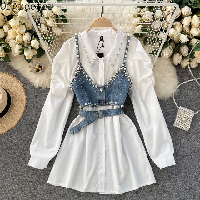 5/10sets Wholesale Items for Resale Sexy 2 Piece Women Skirts Set Outfits  Small Denim Vest White Blouse Dress Suit M11650