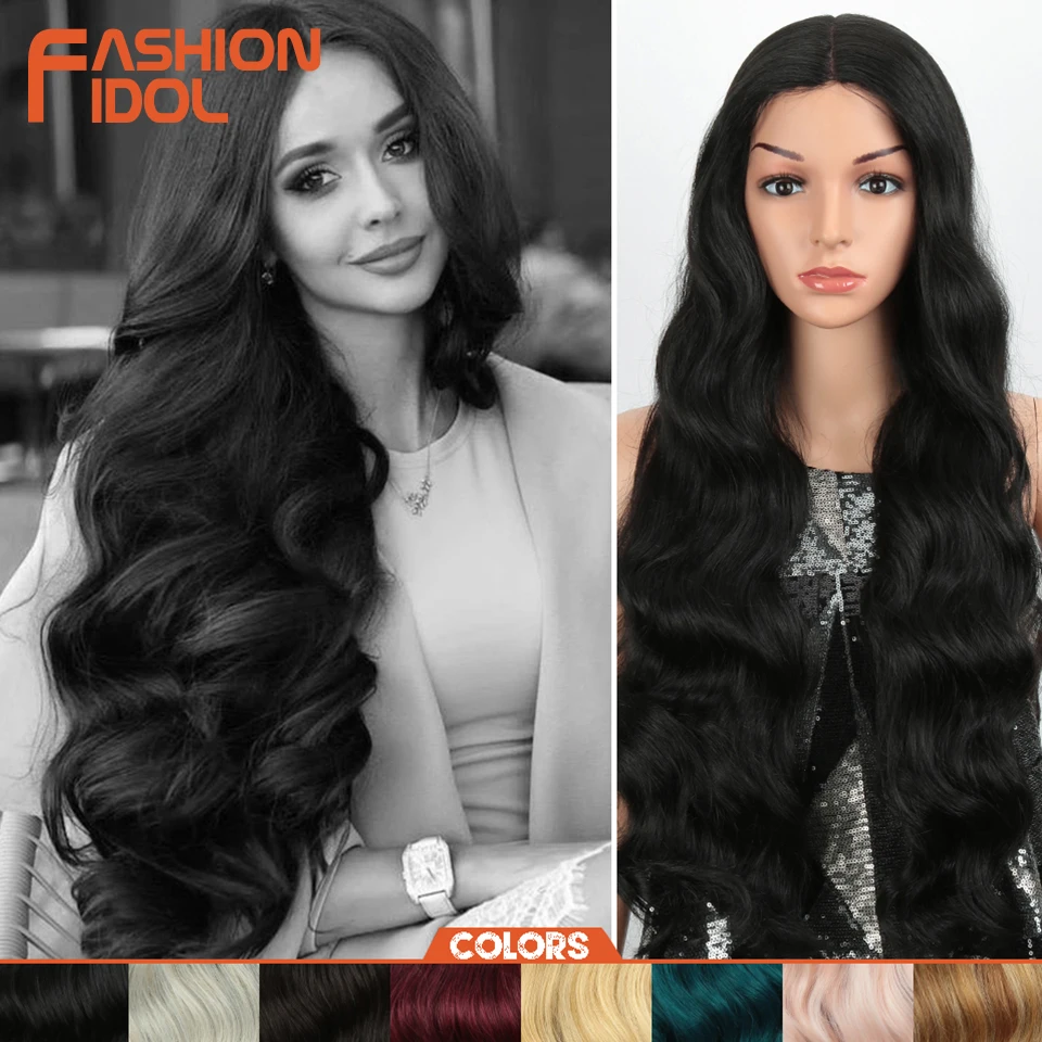 FASHION IDOL 28 Inch Deep Wave Hair Synthetic Lace Wigs For Black Women Natural Long Wavy African American 8 Colors Cosplay Wig